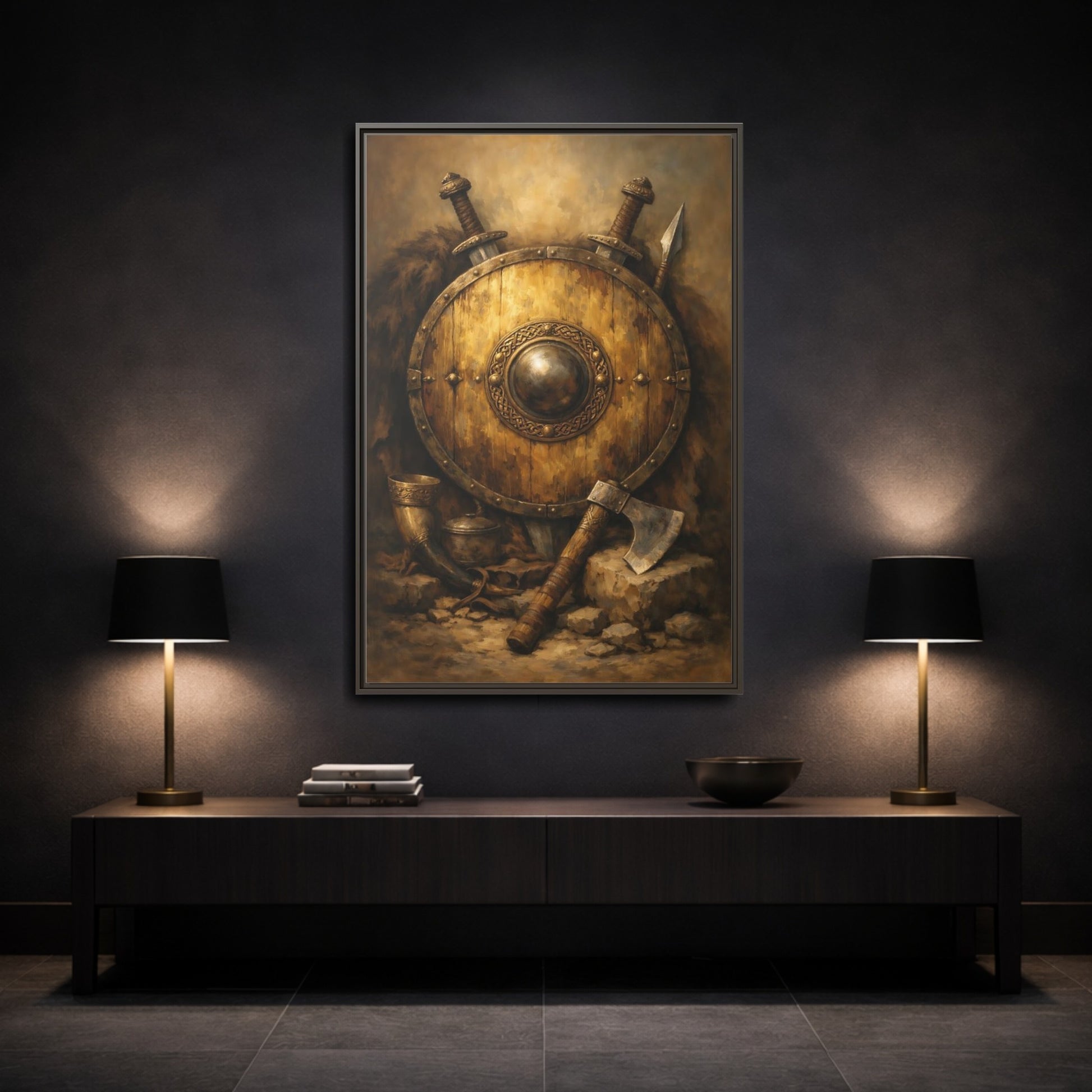 Mockup 2. Vintage Viking Shield Brown And Gold shown as stretched canvas wall art