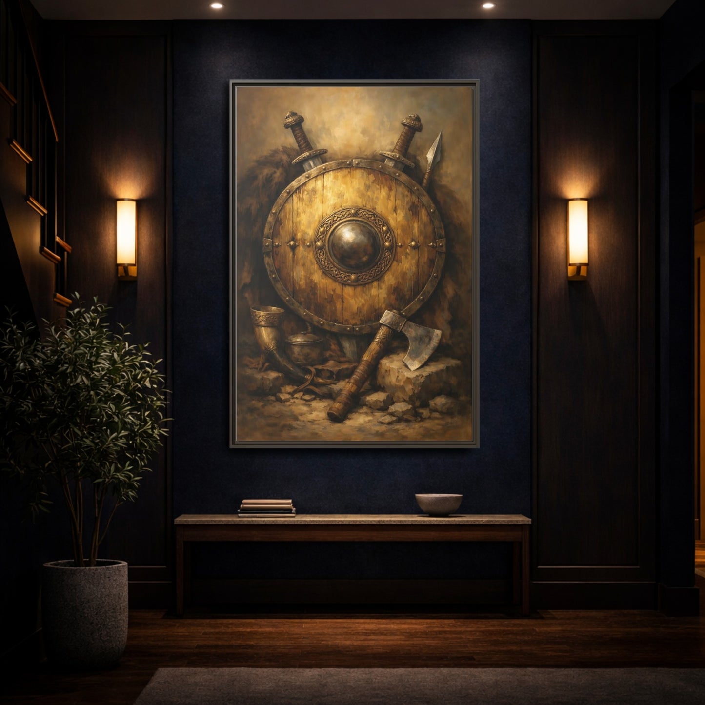 Mockup 3. Vintage Viking Shield Brown And Gold shown as stretched canvas wall art
