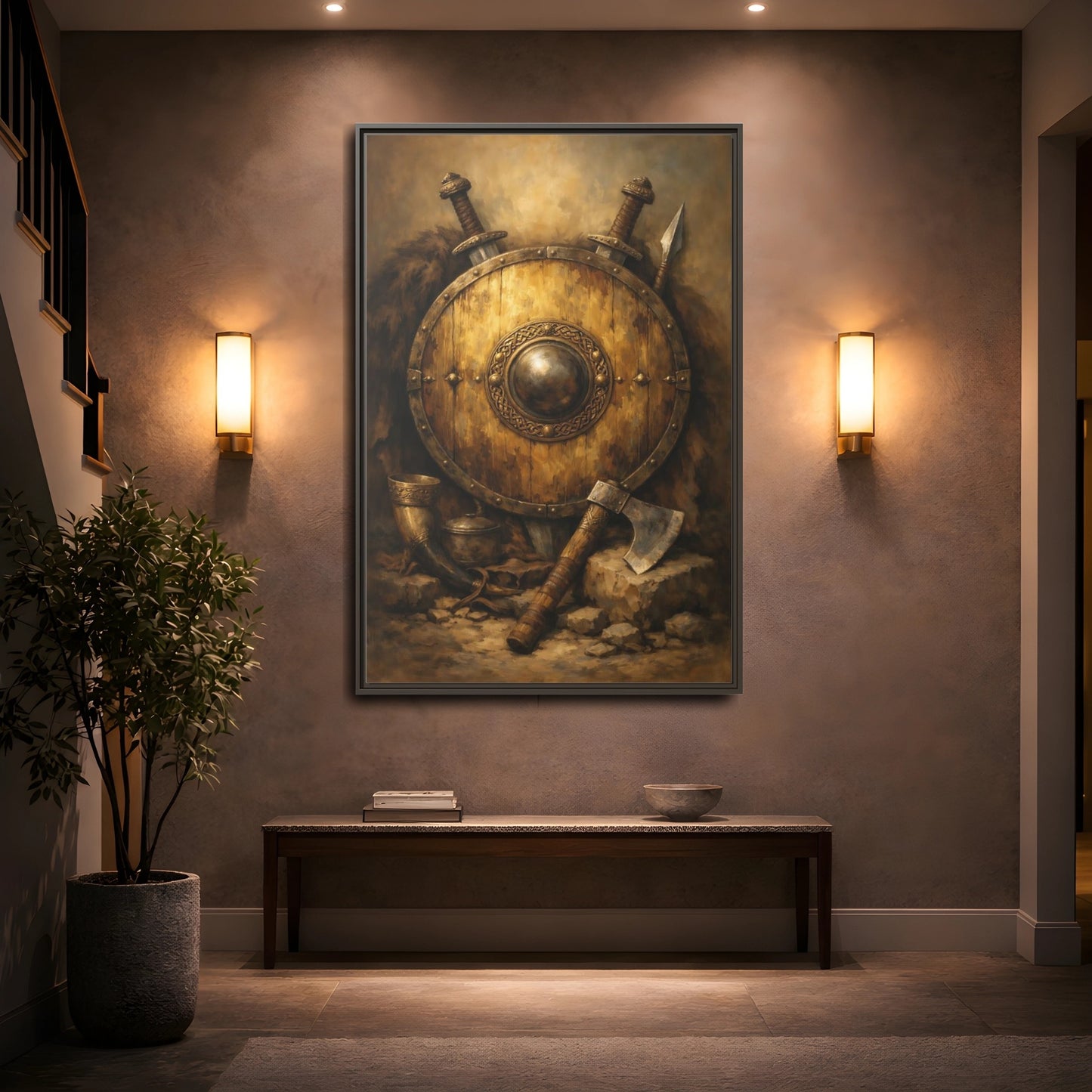 Mockup 4. Vintage Viking Shield Brown And Gold shown as stretched canvas wall art