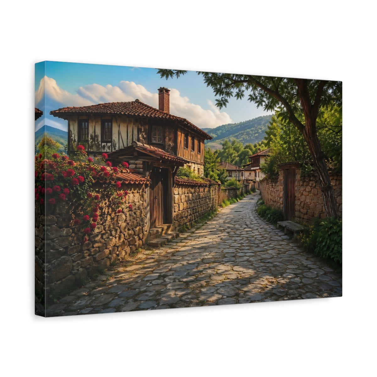 Side Mockup 4. Vintage Village Street Rustic Village shown as stretched canvas wall art