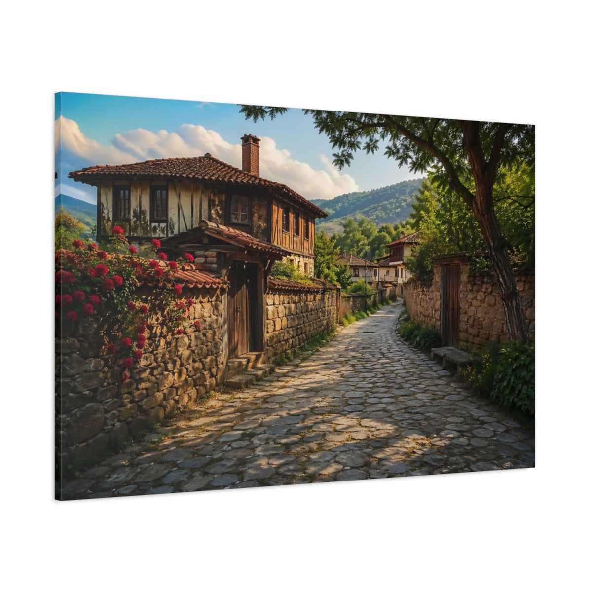 Side Mockup 1. Vintage Village Street Rustic Village shown as stretched canvas wall art