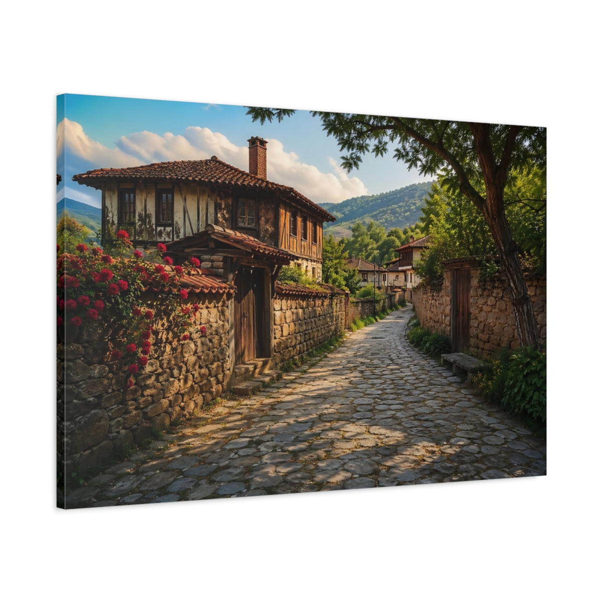Main Mockup. Vintage Village Street Rustic Village shown as stretched canvas wall art