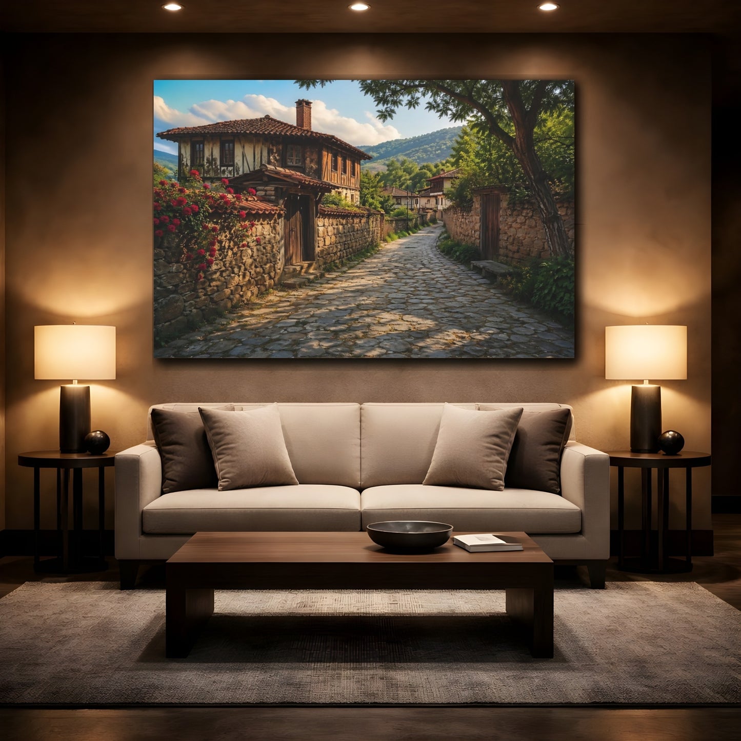 Mockup 2. Vintage Village Street Rustic Village shown as stretched canvas wall art