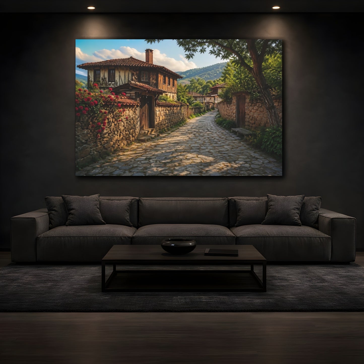 Mockup 3. Vintage Village Street Rustic Village shown as stretched canvas wall art