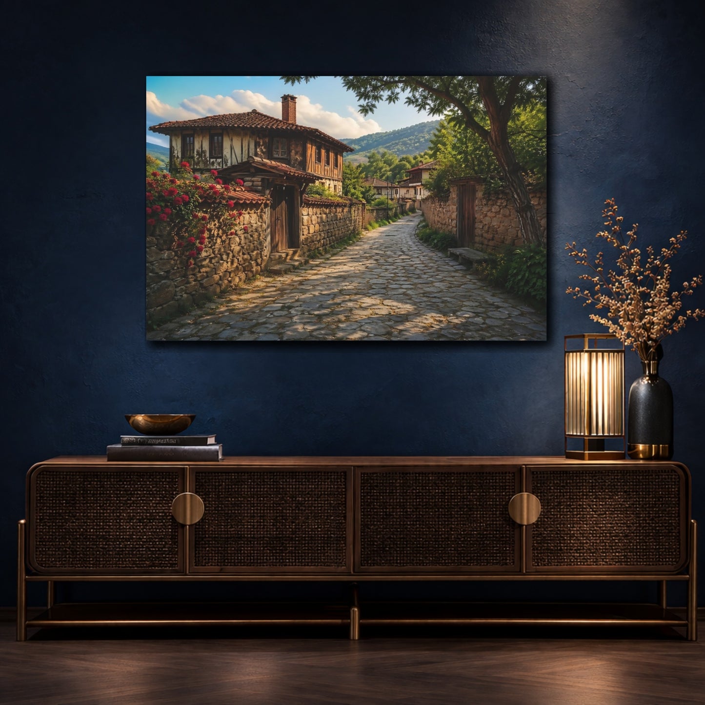 Mockup 4. Vintage Village Street Rustic Village shown as stretched canvas wall art