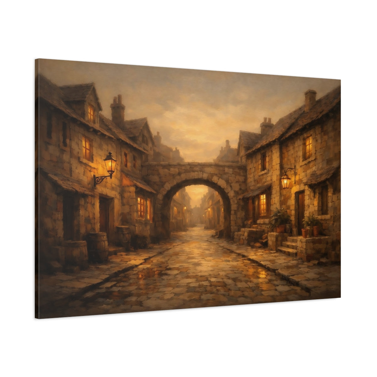 Main Mockup. Vintage Village Street Warm Village Street shown as stretched canvas wall art