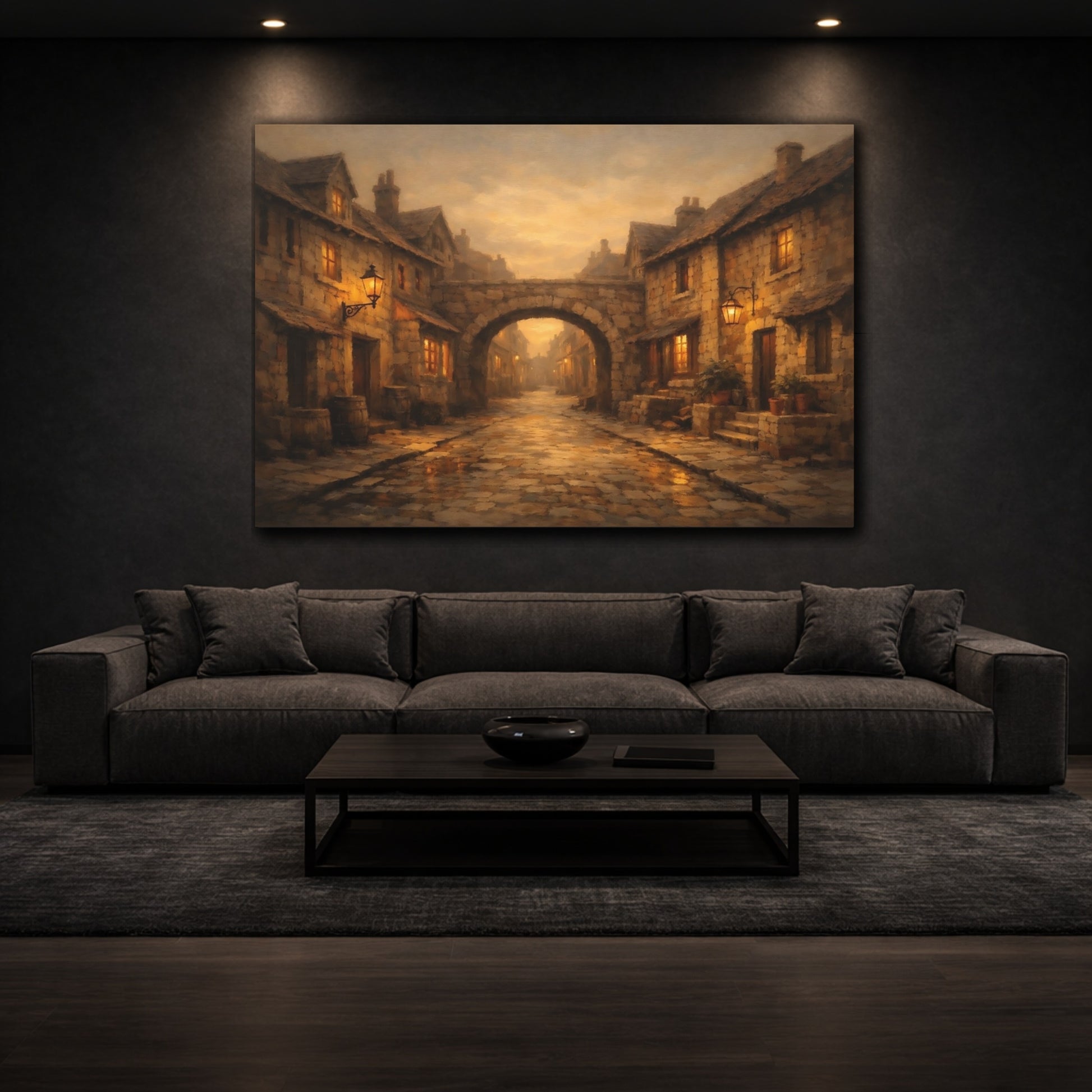 Mockup 2. Vintage Village Street Warm Village Street shown as stretched canvas wall art