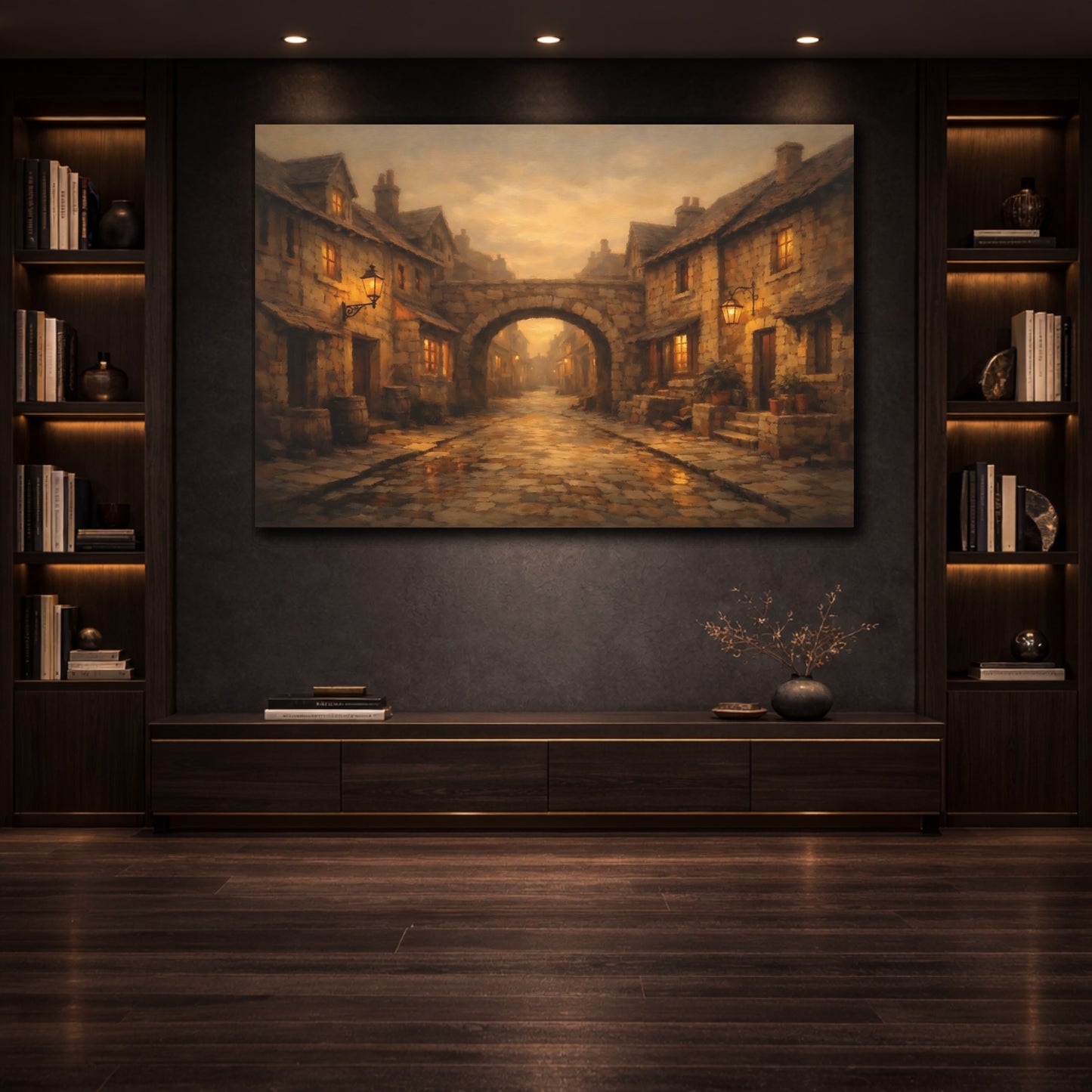 Mockup 3. Vintage Village Street Warm Village Street shown as stretched canvas wall art