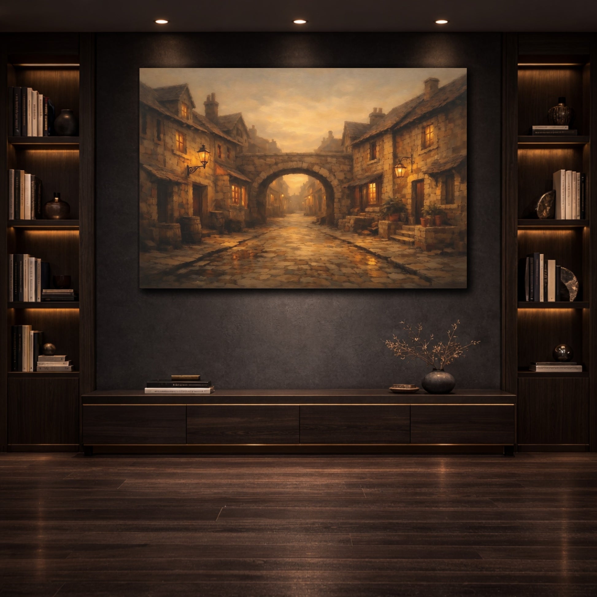 Mockup 3. Vintage Village Street Warm Village Street shown as stretched canvas wall art