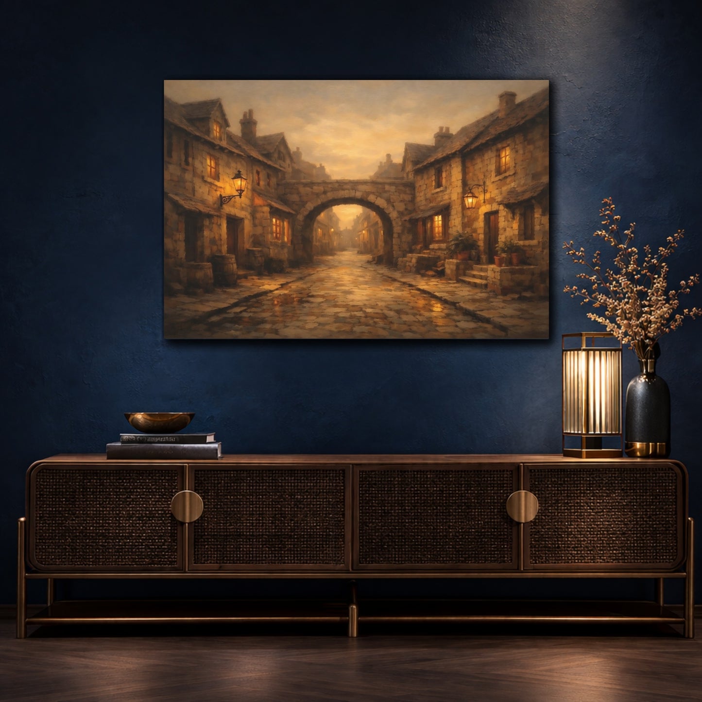 Mockup 4. Vintage Village Street Warm Village Street shown as stretched canvas wall art