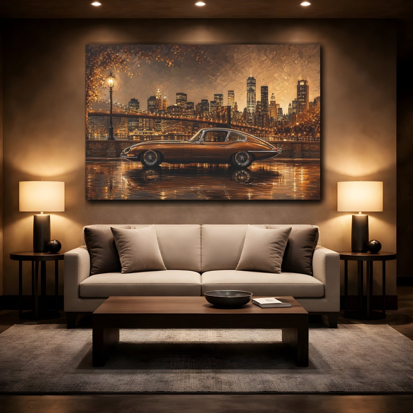 Mockup 2. Vintage Vintage Car Brown Vintage Car shown as stretched canvas wall art
