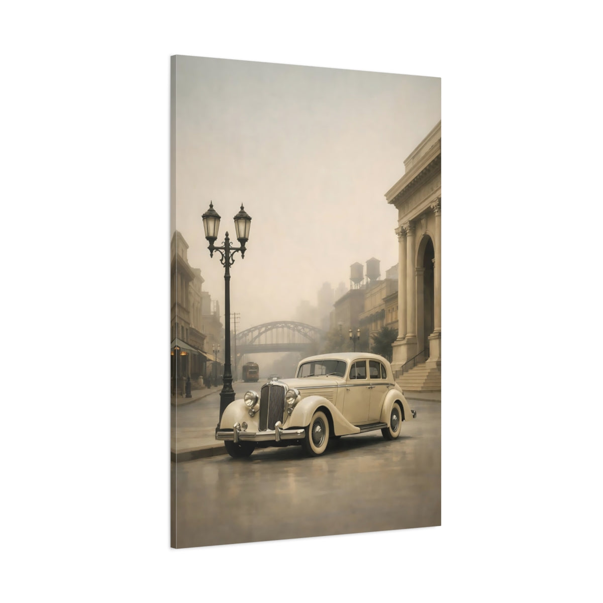 Main Mockup. Vintage Vintage Car Cream And Grey Vintage shown as stretched canvas wall art