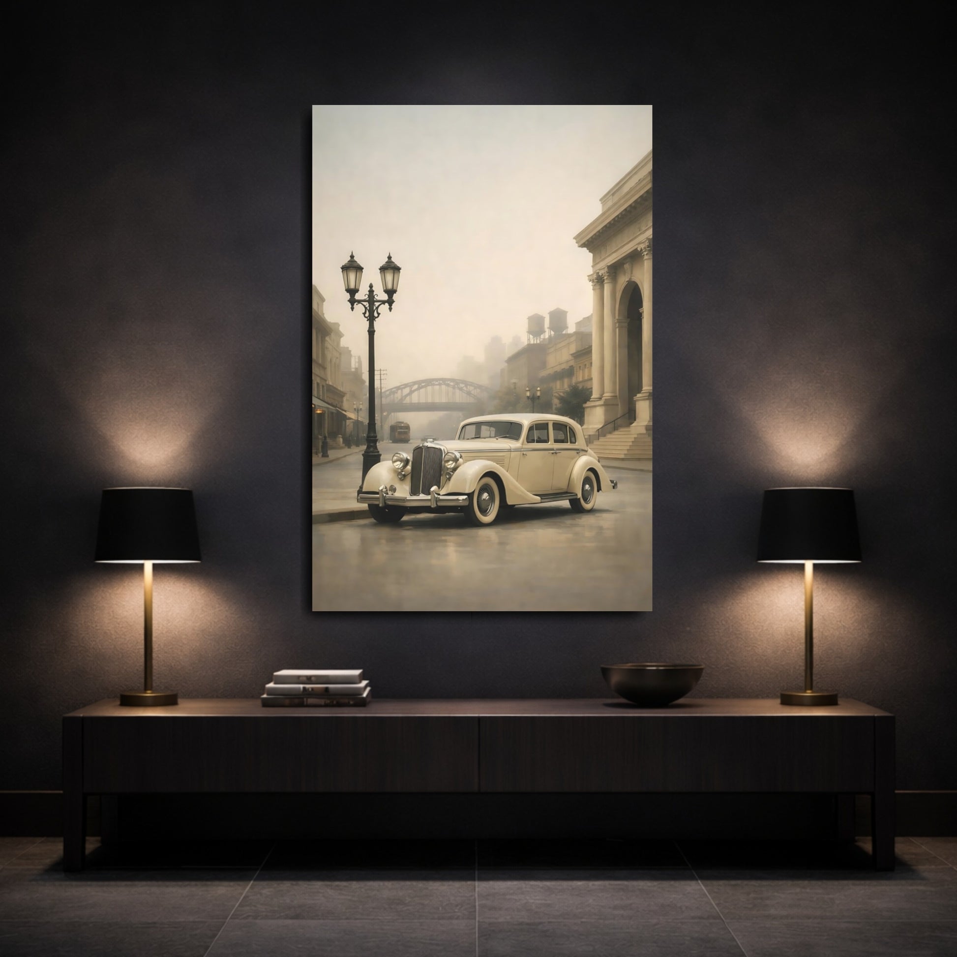 Mockup 2. Vintage Vintage Car Cream And Grey Vintage shown as stretched canvas wall art