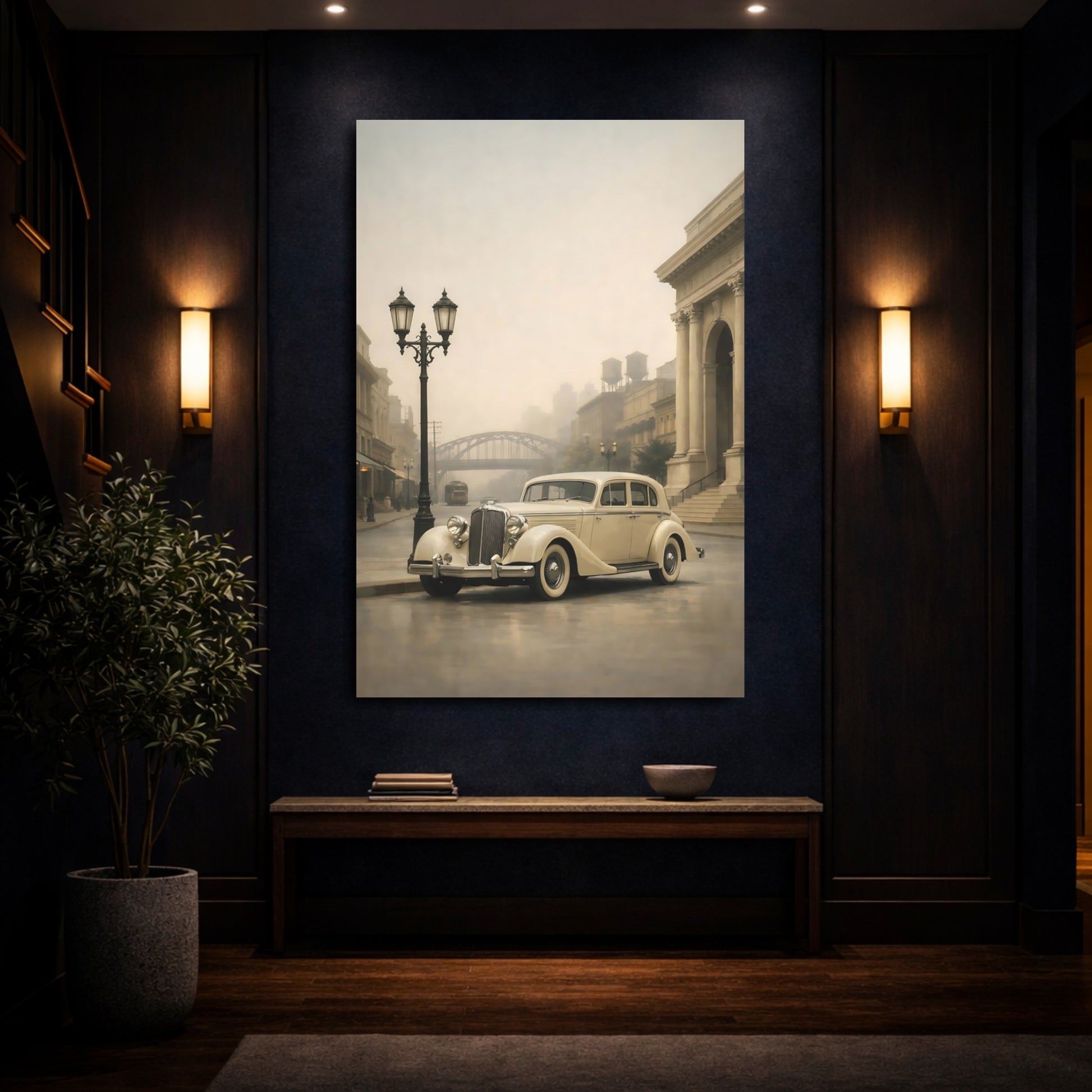 Mockup 3. Vintage Vintage Car Cream And Grey Vintage shown as stretched canvas wall art