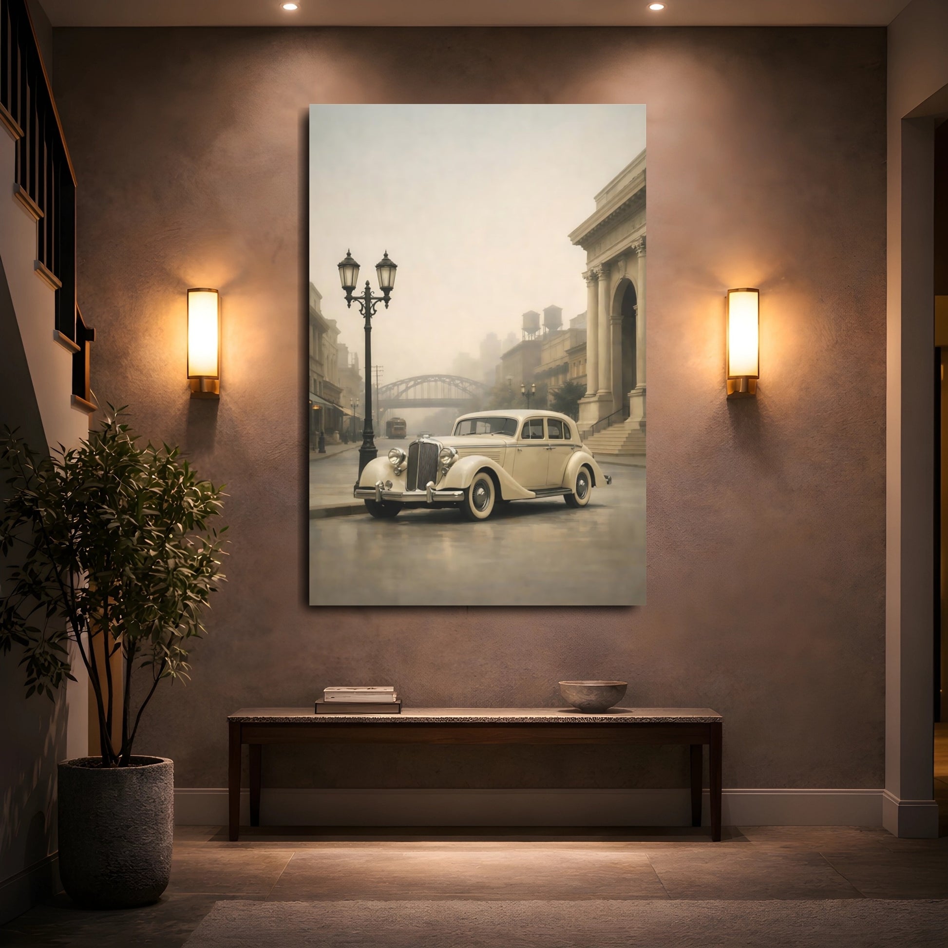 Mockup 4. Vintage Vintage Car Cream And Grey Vintage shown as stretched canvas wall art