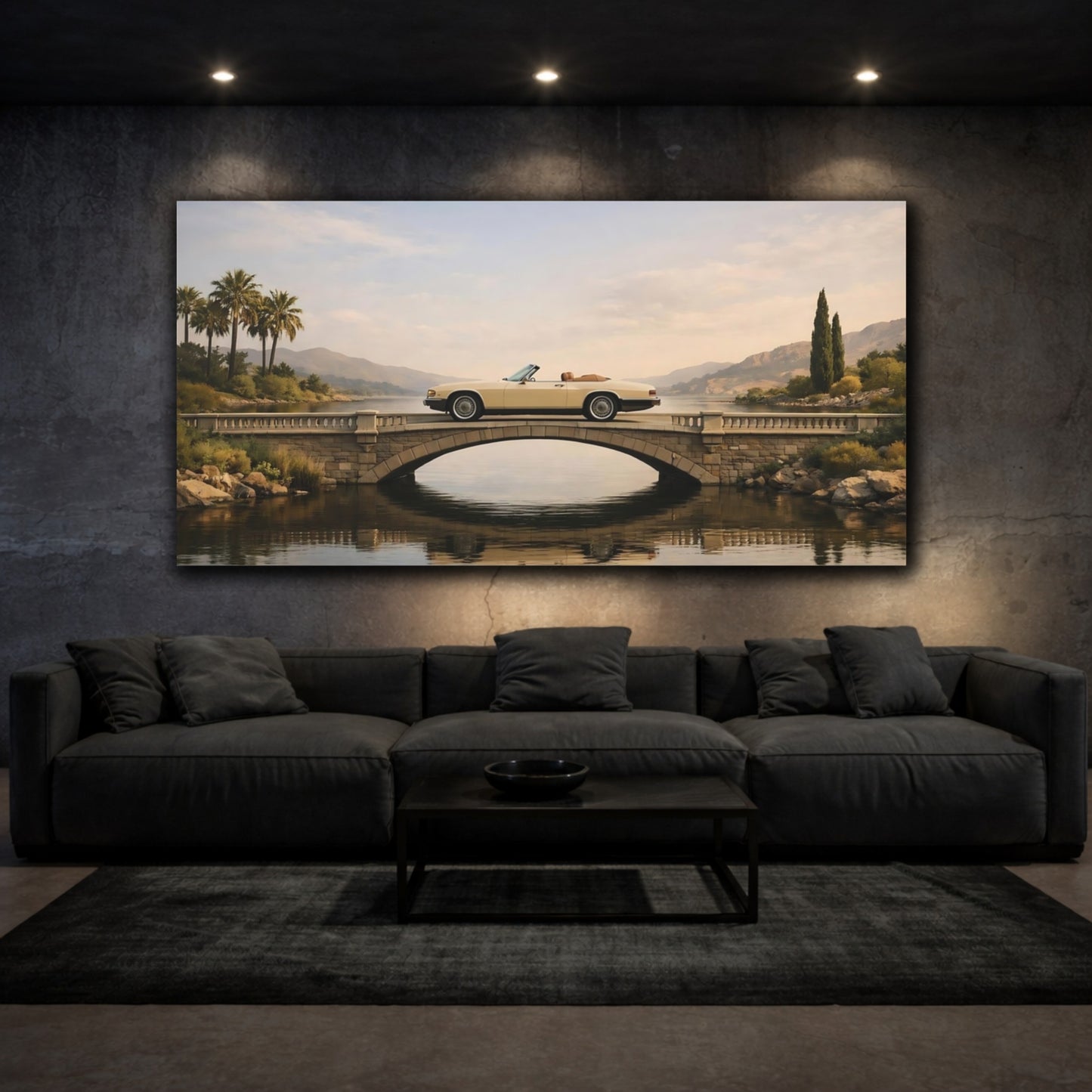 Mockup 2. Vintage Vintage Car Cream Car Landscape shown as stretched canvas wall art