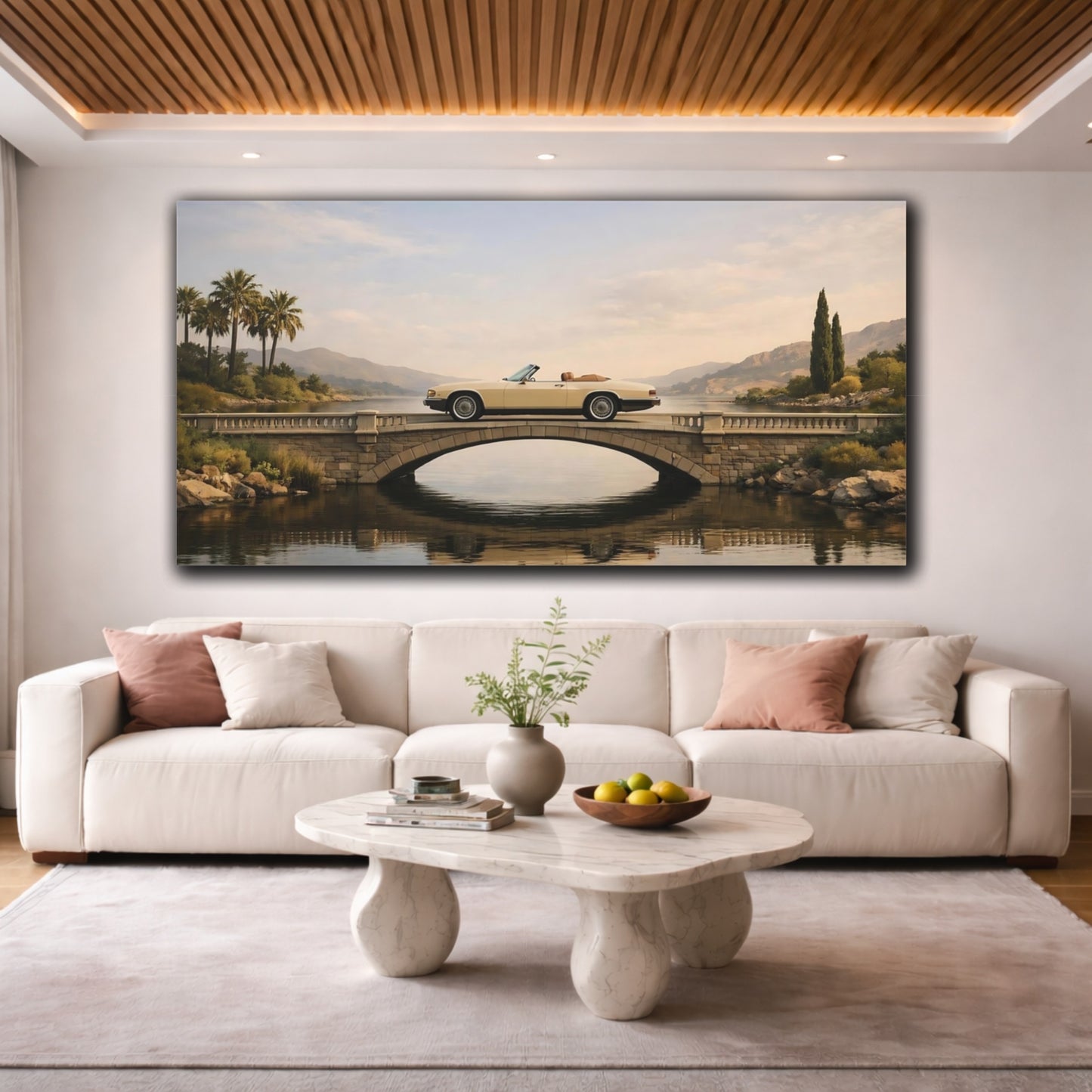 Mockup 3. Vintage Vintage Car Cream Car Landscape shown as stretched canvas wall art