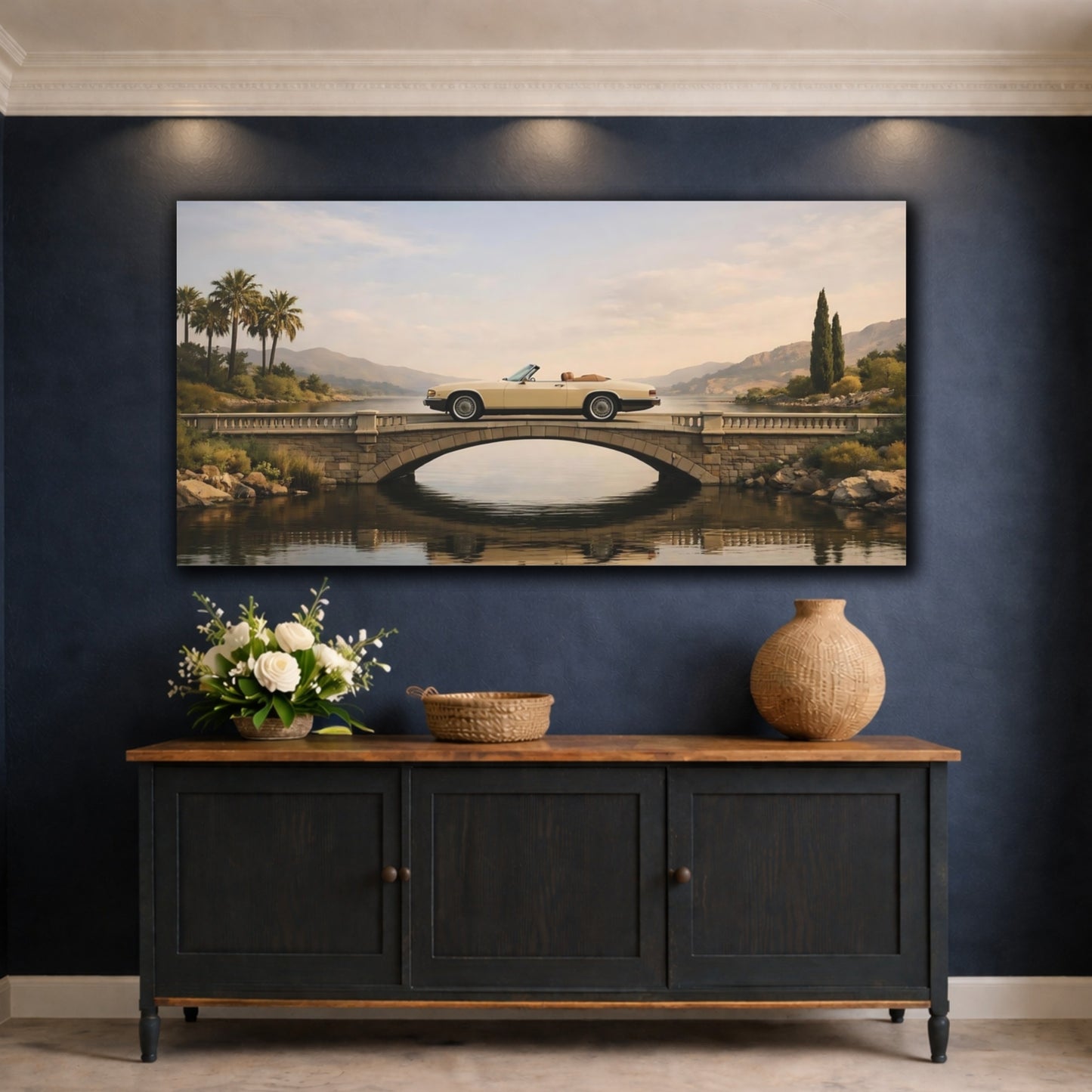 Mockup 4. Vintage Vintage Car Cream Car Landscape shown as stretched canvas wall art