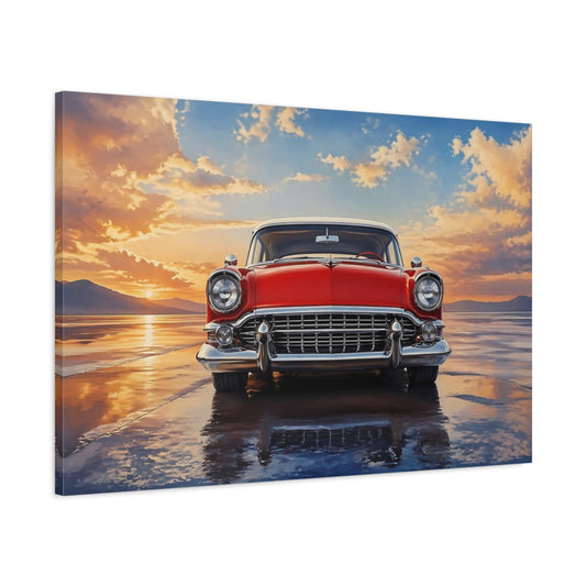 Main Mockup. Vintage Vintage Car Red Vintage Car shown as stretched canvas wall art