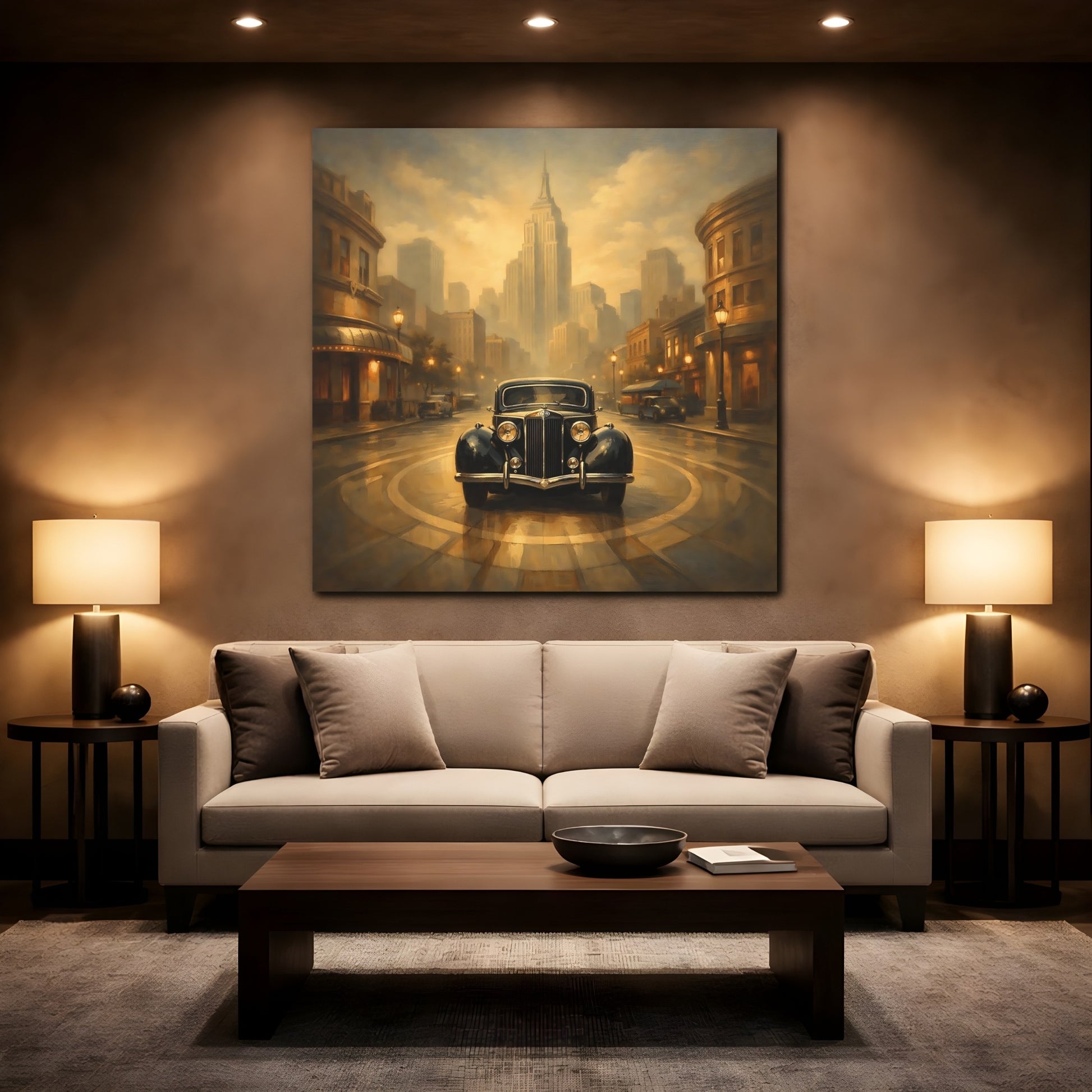 Mockup 2. Vintage Vintage Car Vintage Car City shown as stretched canvas wall art