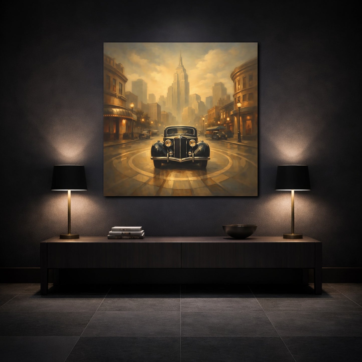 Mockup 3. Vintage Vintage Car Vintage Car City shown as stretched canvas wall art