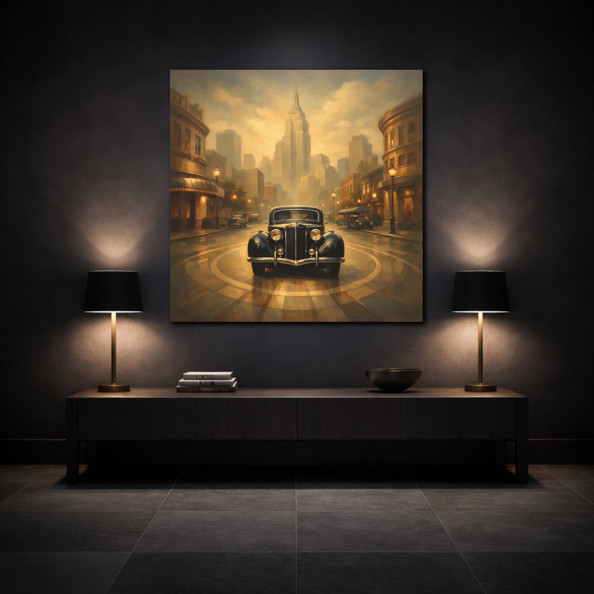 Mockup 3. Vintage Vintage Car Vintage Car City shown as stretched canvas wall art