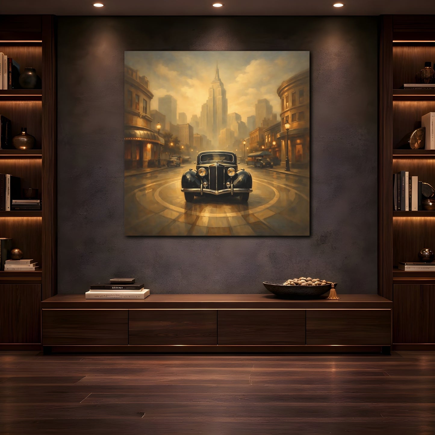 Mockup 4. Vintage Vintage Car Vintage Car City shown as stretched canvas wall art