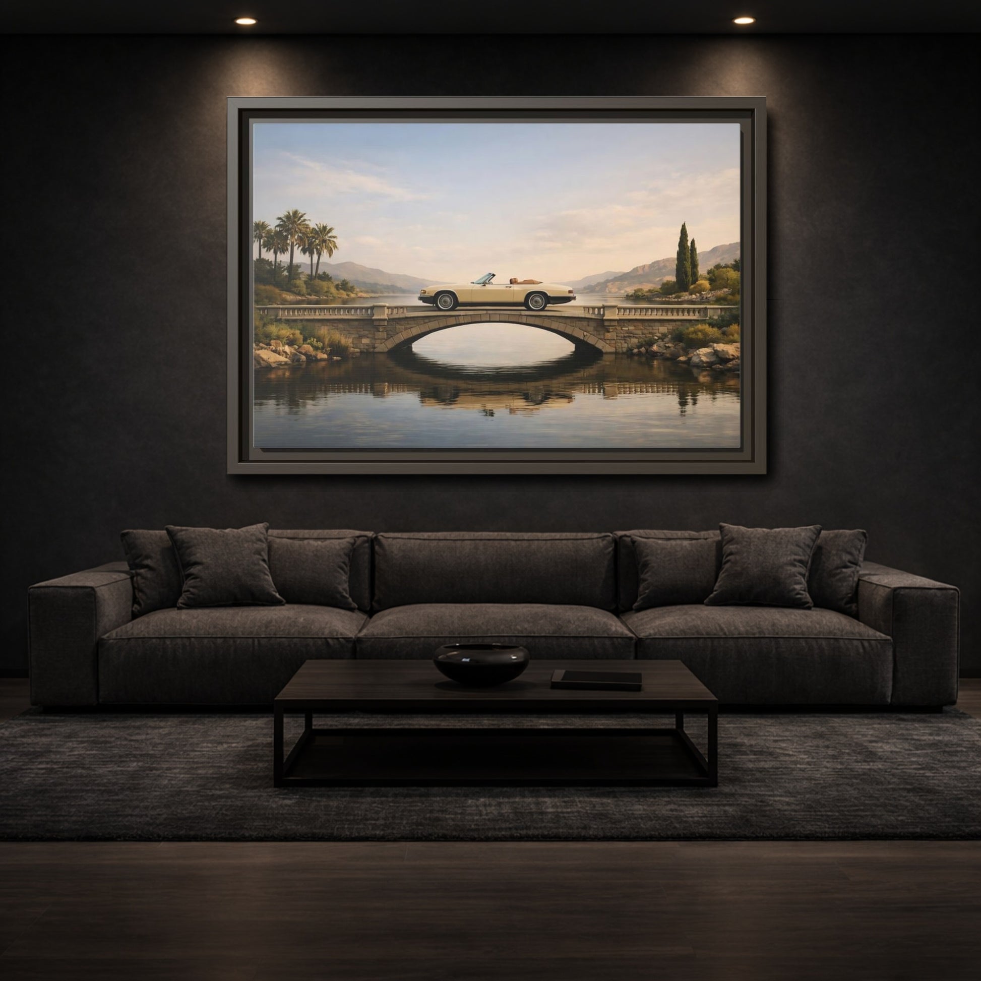 Mockup 2. Vintage Vintage Car Vintage Car Lake shown as stretched canvas wall art
