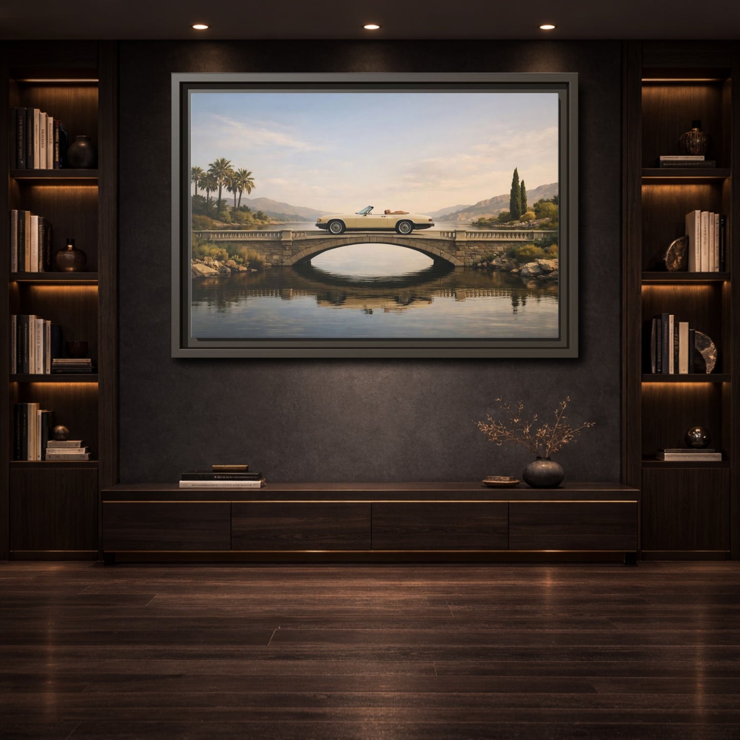 Mockup 3. Vintage Vintage Car Vintage Car Lake shown as stretched canvas wall art
