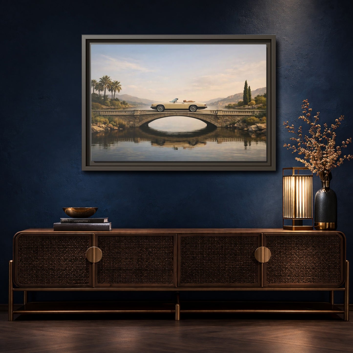 Mockup 4. Vintage Vintage Car Vintage Car Lake shown as stretched canvas wall art
