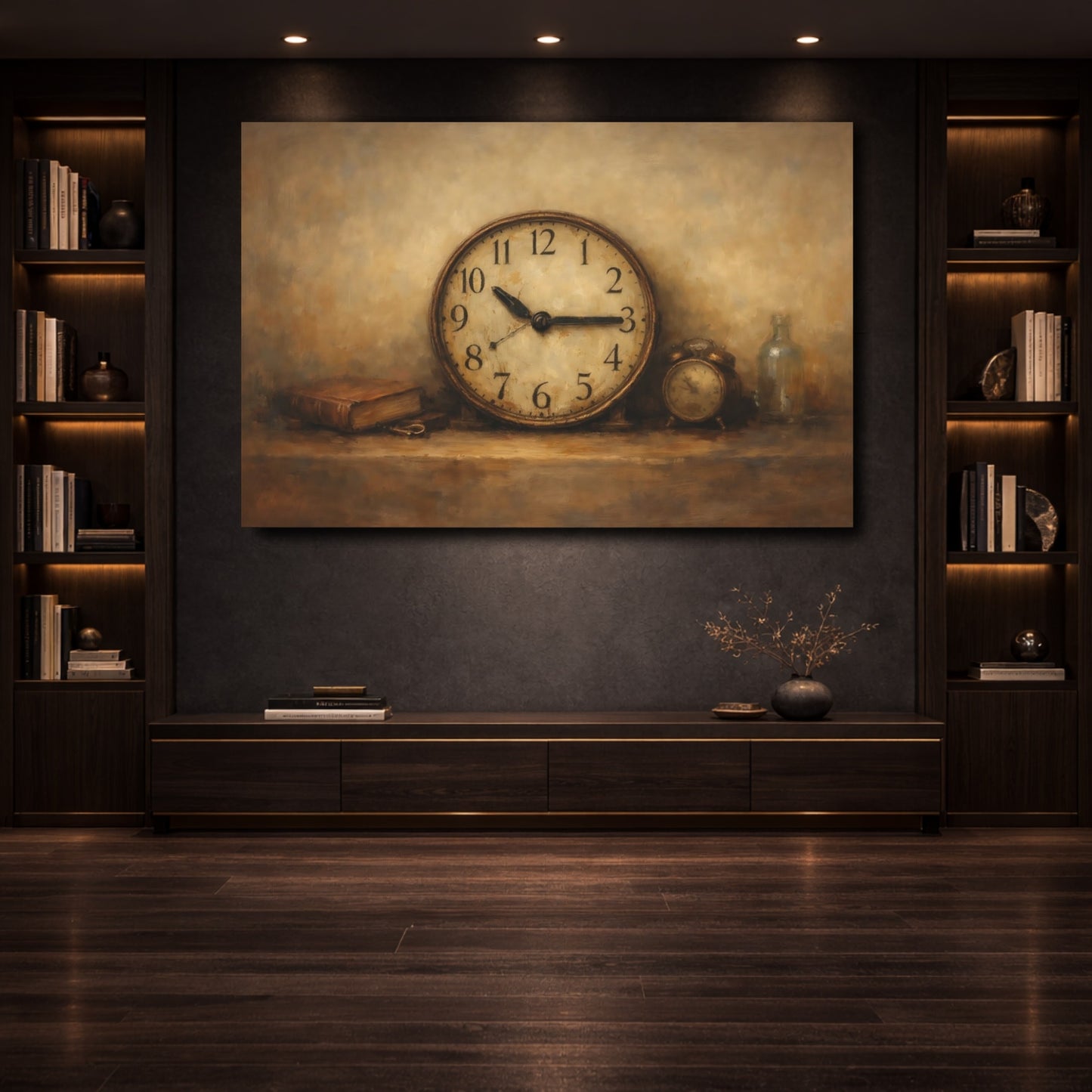 Mockup 3. Vintage Vintage Clock Brown And Beige shown as stretched canvas wall art