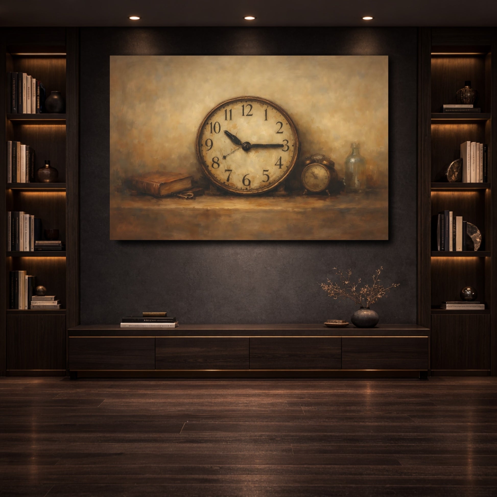 Mockup 3. Vintage Vintage Clock Brown And Beige shown as stretched canvas wall art