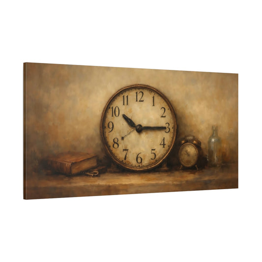Main Mockup. Vintage Vintage Clock Brown And Gold Clock shown as stretched canvas wall art