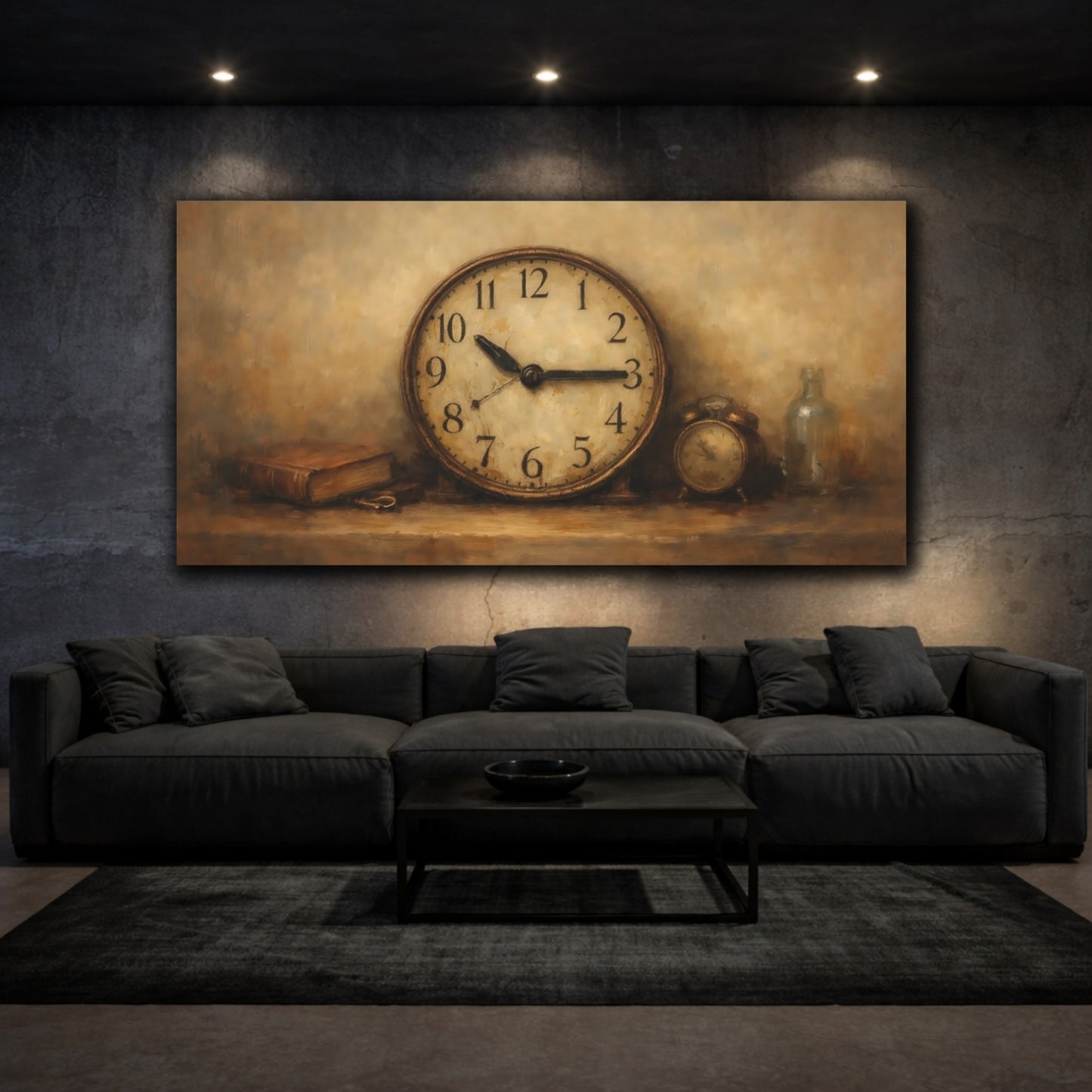 Mockup 2. Vintage Vintage Clock Brown And Gold Clock shown as stretched canvas wall art