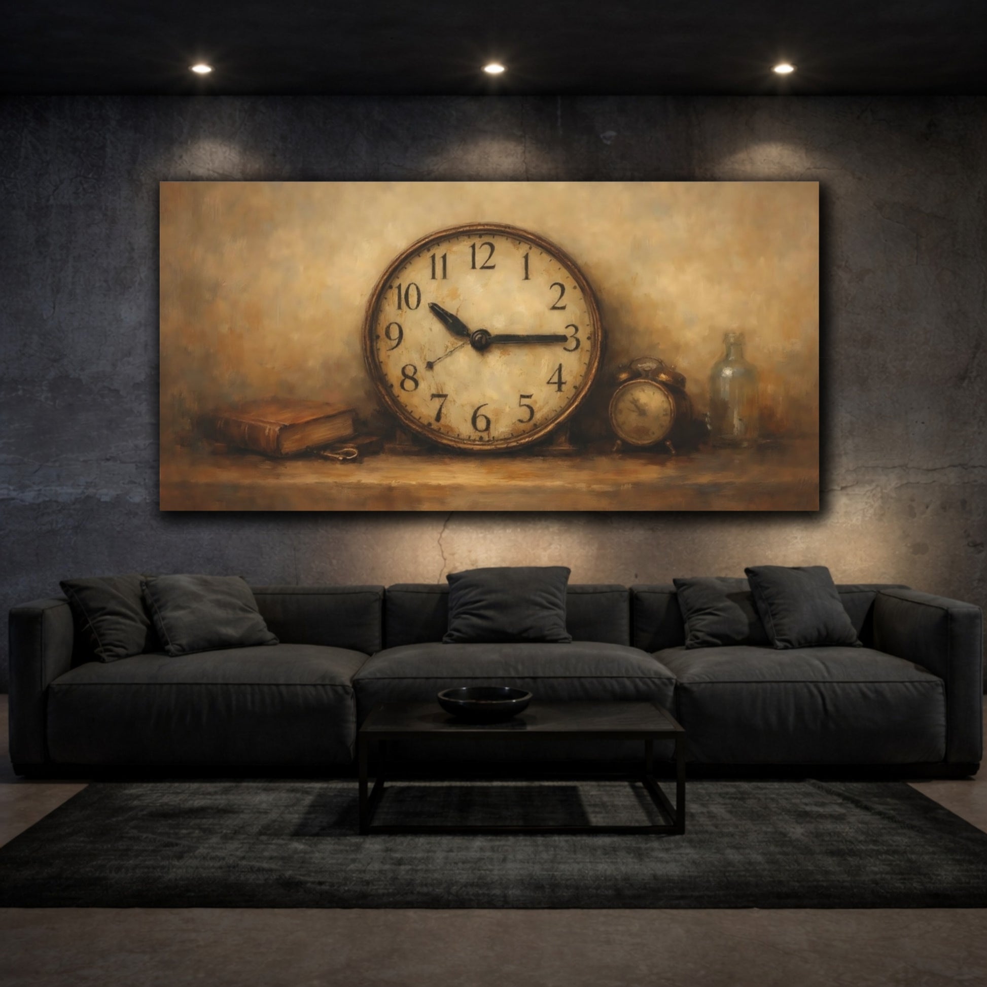 Mockup 2. Vintage Vintage Clock Brown And Gold Clock shown as stretched canvas wall art