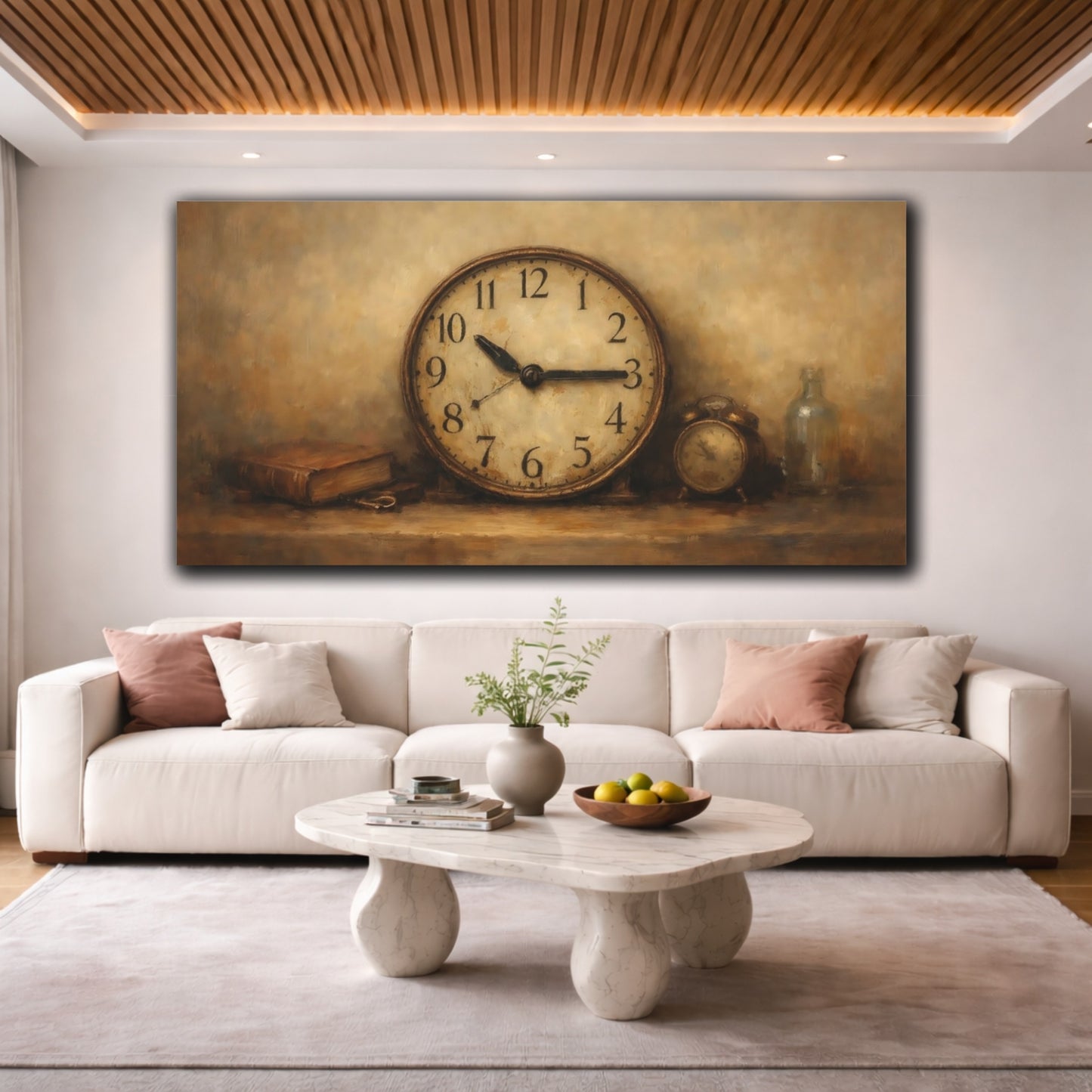 Mockup 3. Vintage Vintage Clock Brown And Gold Clock shown as stretched canvas wall art