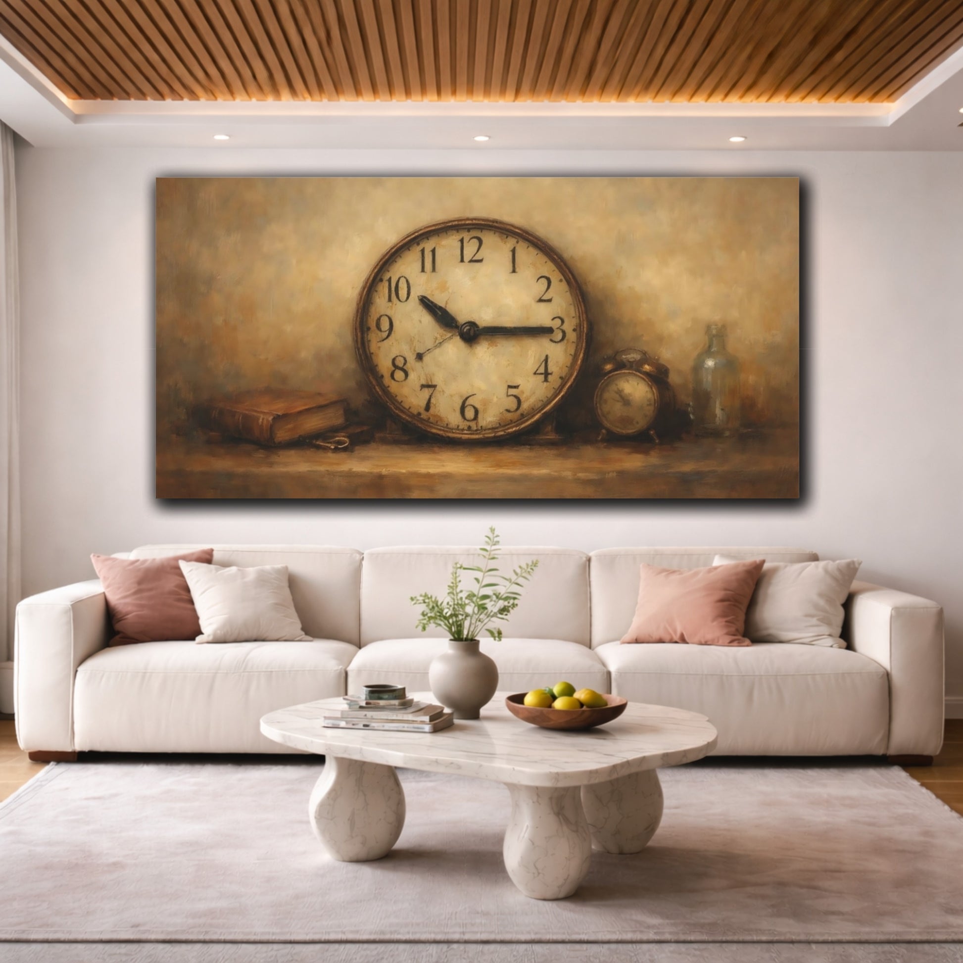 Mockup 3. Vintage Vintage Clock Brown And Gold Clock shown as stretched canvas wall art