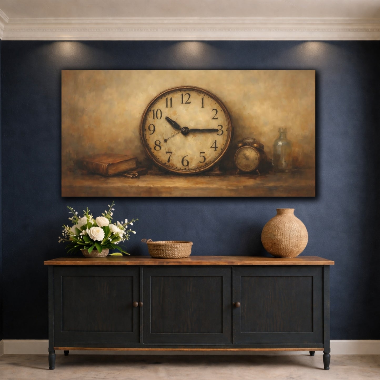 Mockup 4. Vintage Vintage Clock Brown And Gold Clock shown as stretched canvas wall art