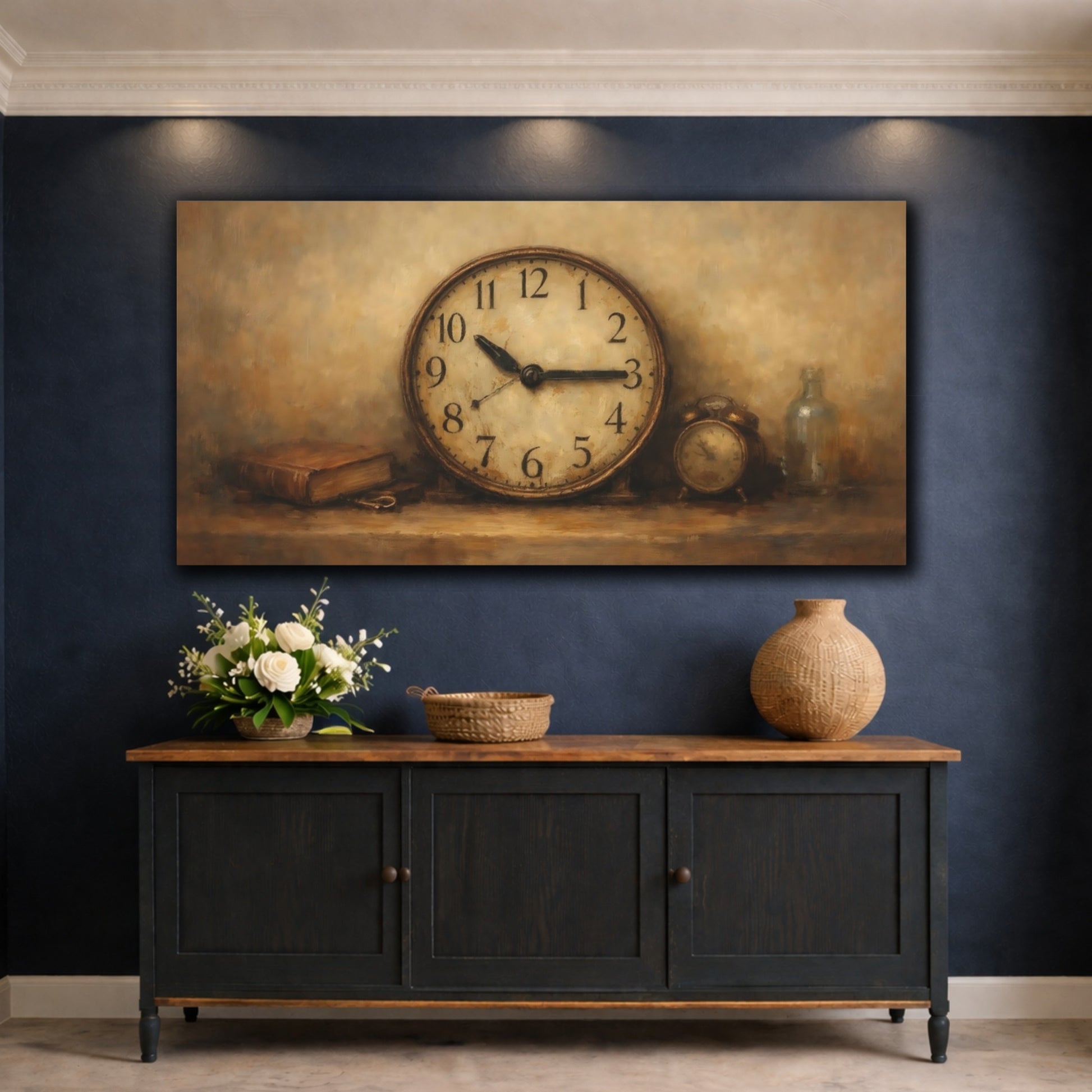 Mockup 4. Vintage Vintage Clock Brown And Gold Clock shown as stretched canvas wall art