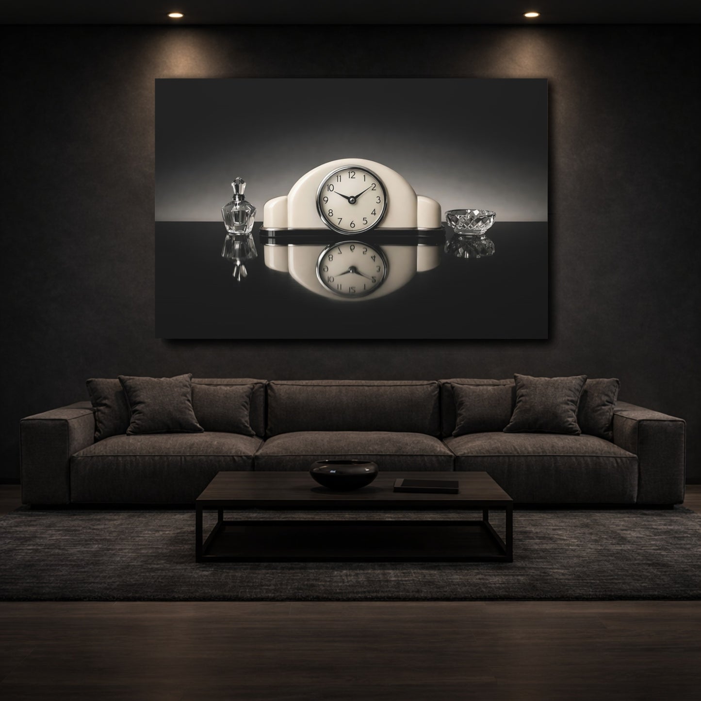 Mockup 2. Vintage Vintage Clock Vintage Black And White shown as stretched canvas wall art