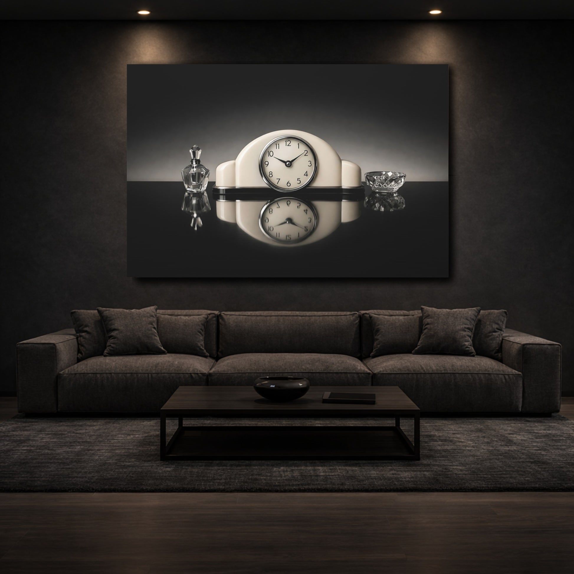 Mockup 2. Vintage Vintage Clock Vintage Black And White shown as stretched canvas wall art