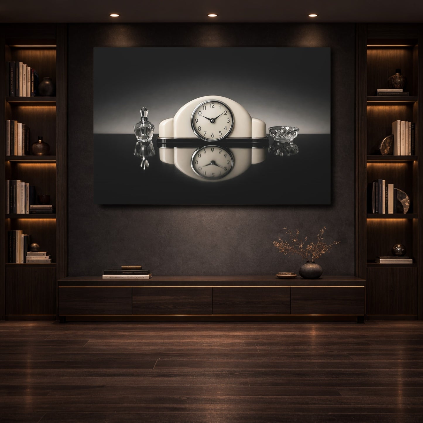 Mockup 3. Vintage Vintage Clock Vintage Black And White shown as stretched canvas wall art