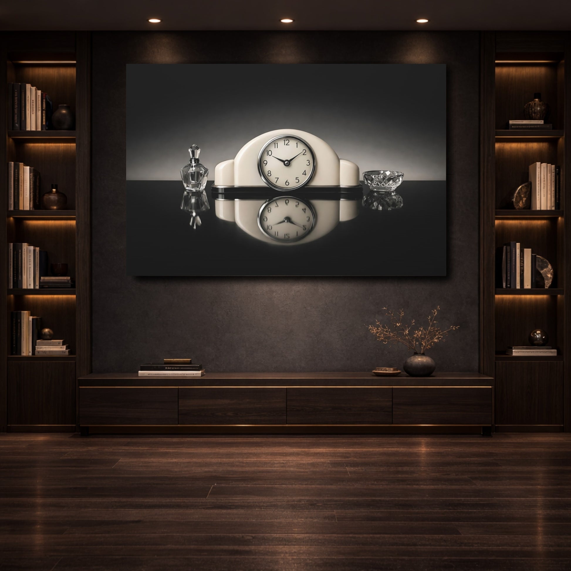 Mockup 3. Vintage Vintage Clock Vintage Black And White shown as stretched canvas wall art