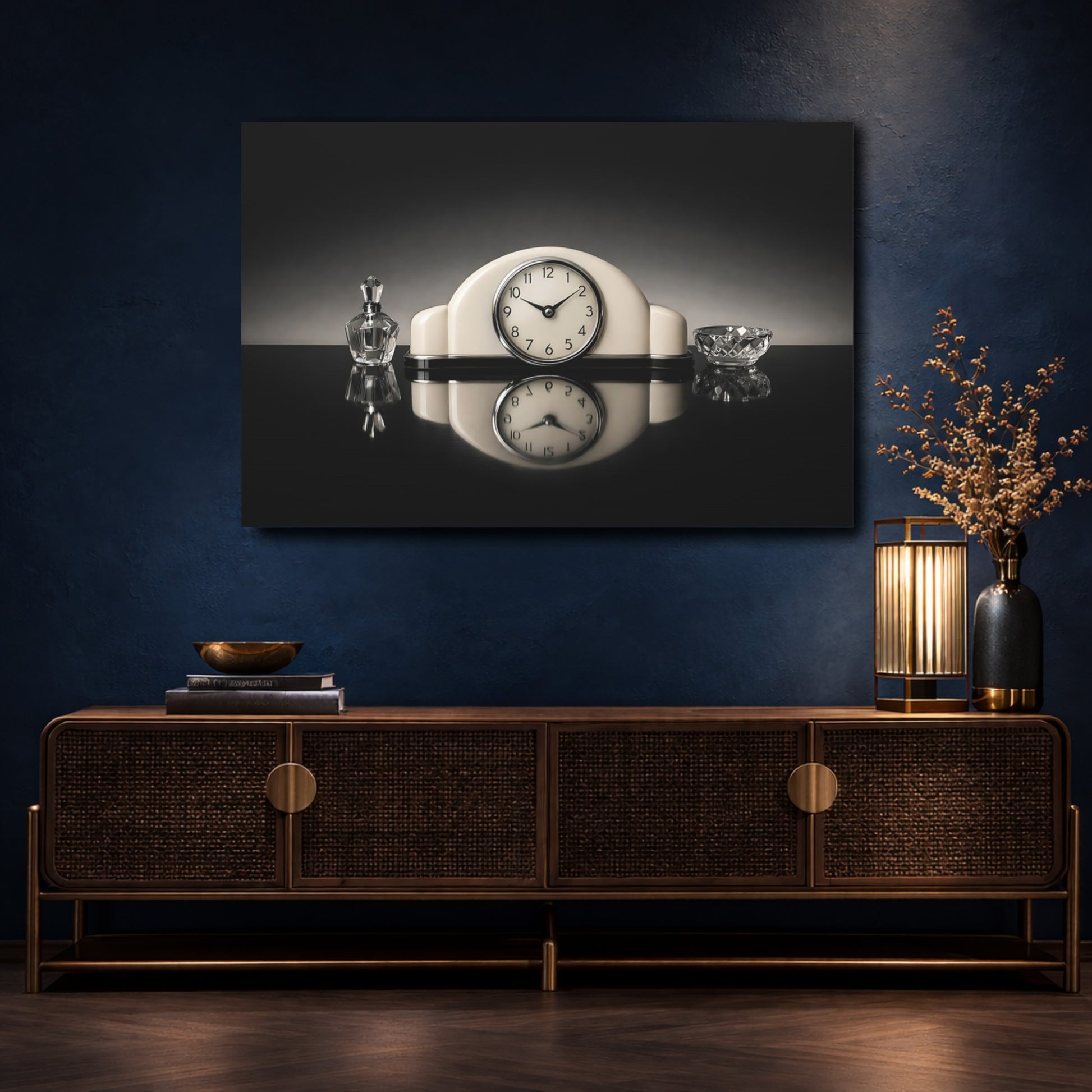 Mockup 4. Vintage Vintage Clock Vintage Black And White shown as stretched canvas wall art