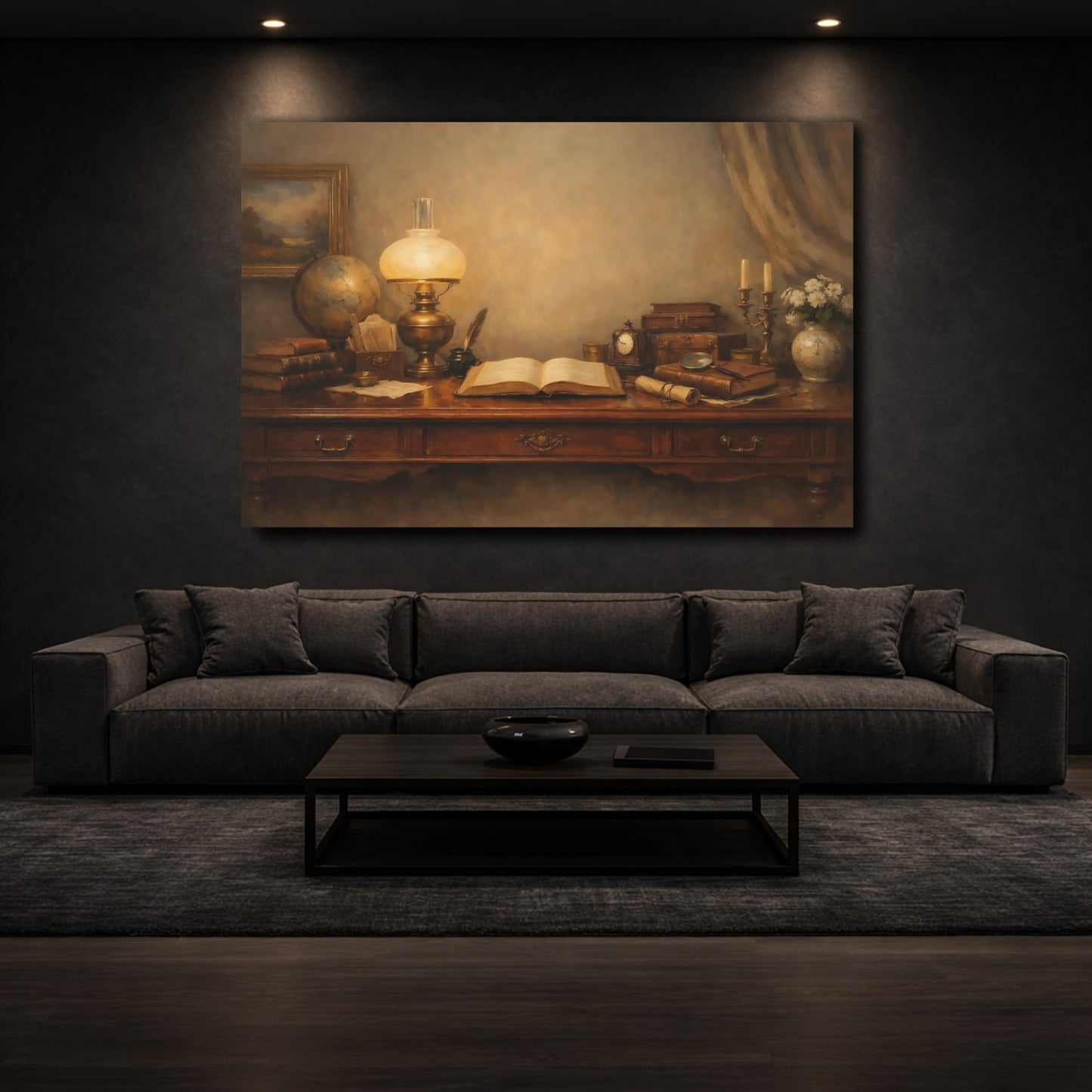 Mockup 2. Vintage Vintage Desk Brown And Gold shown as stretched canvas wall art