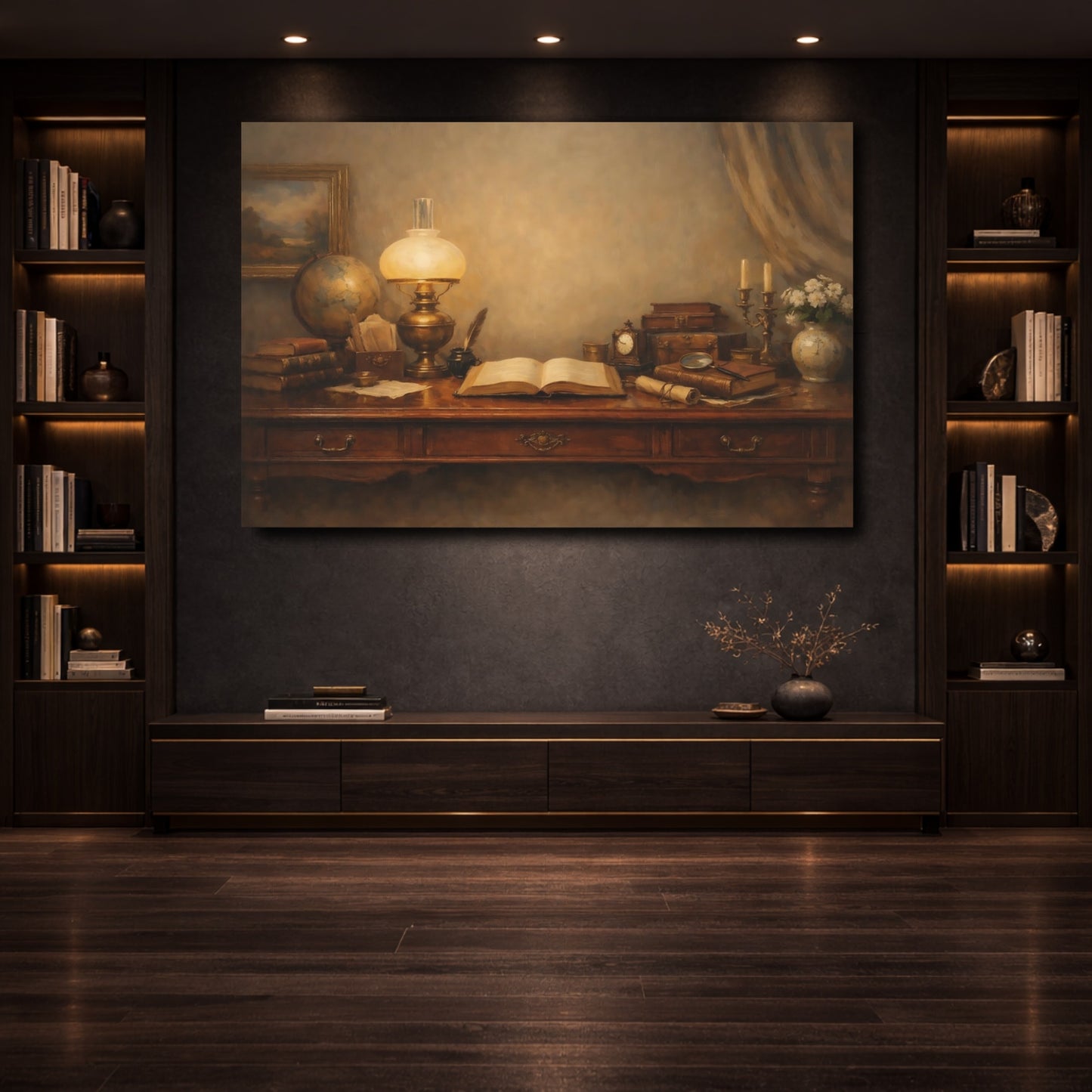 Mockup 3. Vintage Vintage Desk Brown And Gold shown as stretched canvas wall art