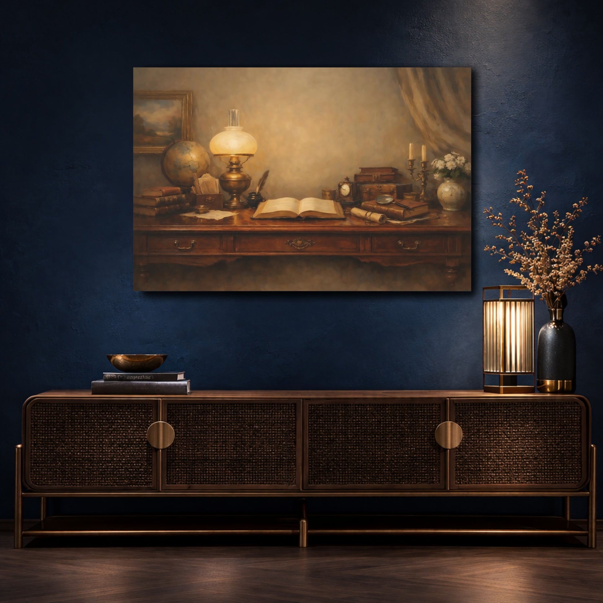 Mockup 4. Vintage Vintage Desk Brown And Gold shown as stretched canvas wall art