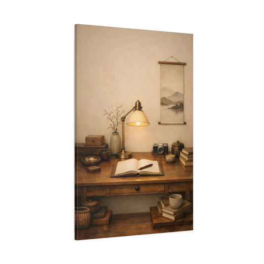 Vintage Vintage Desk Brown Desk Scene shown as stretched canvas wall art