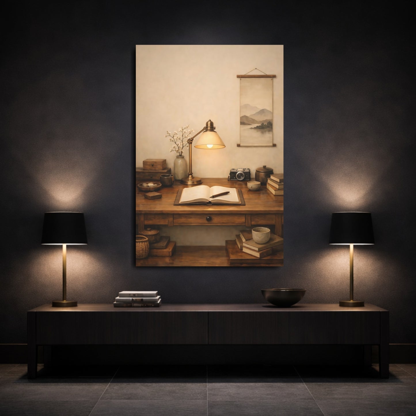 Vintage Vintage Desk Brown Desk Scene shown as front canvas room wall art