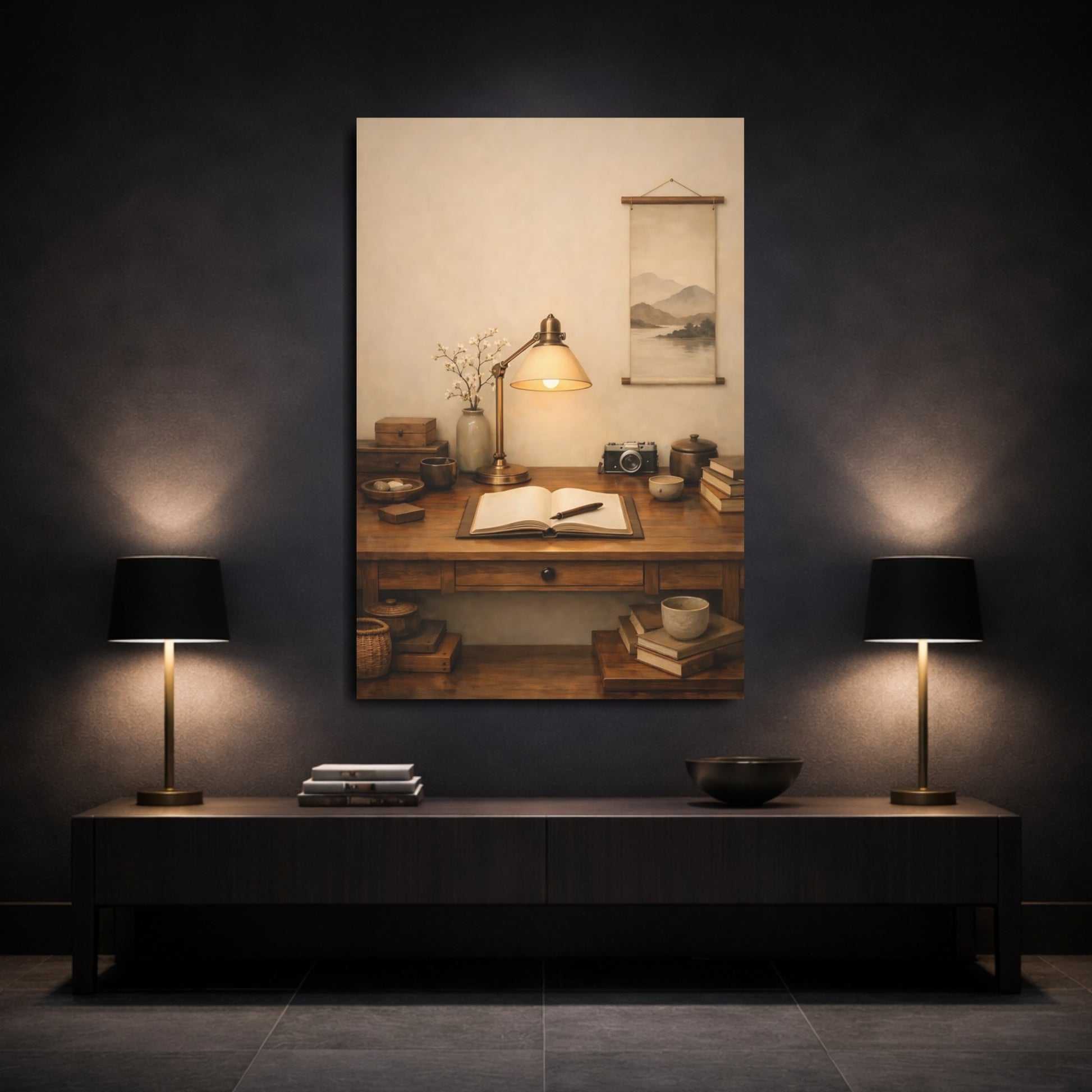 Vintage Vintage Desk Brown Desk Scene shown as front canvas room wall art